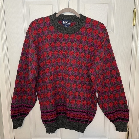 VINTAGE Bay Club 100% Wool Crewneck Pullover Rose Grandma Cottagecore Sweater M - Picture 1 of 5